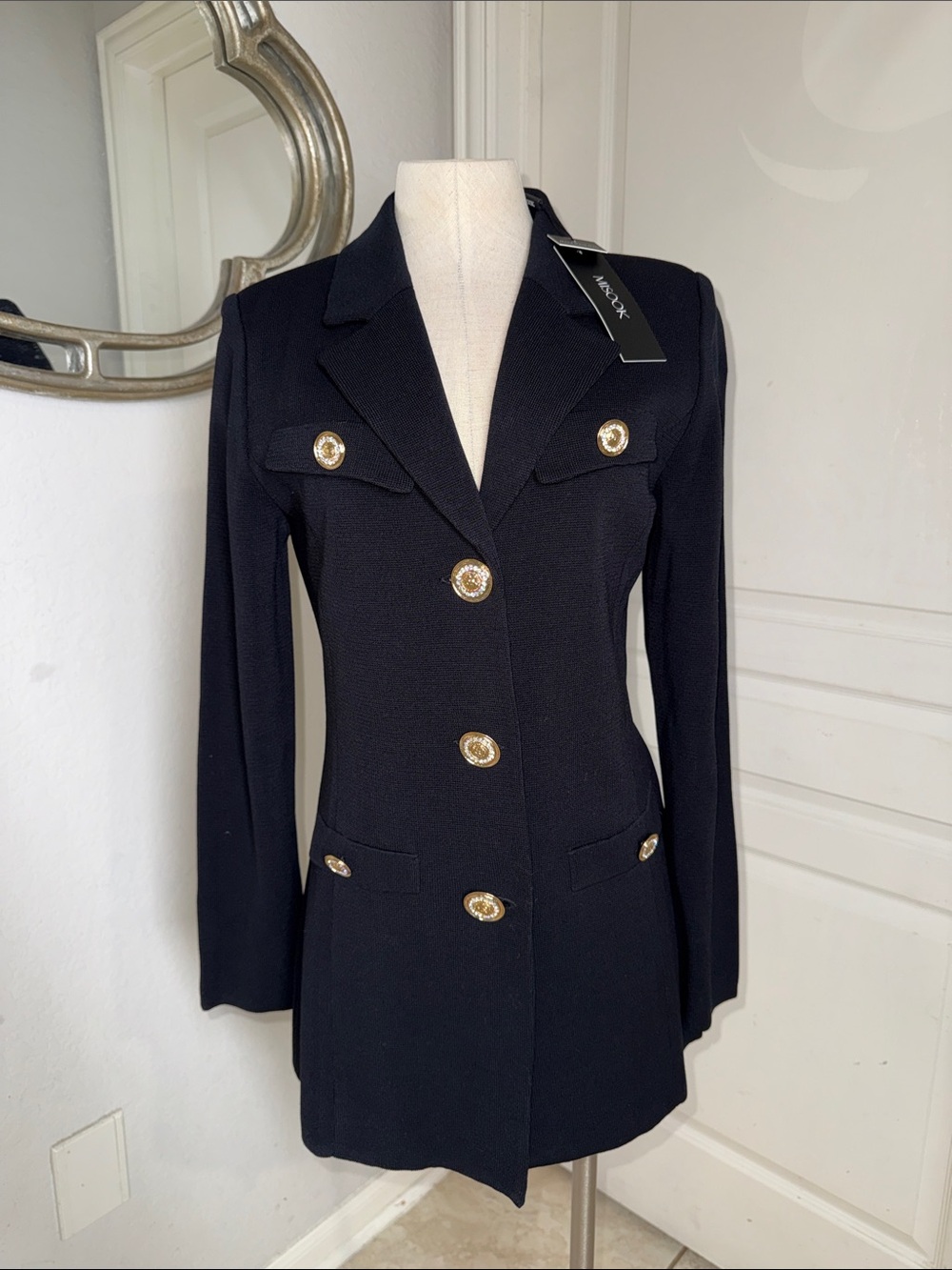 New Misook black long blazer with rhinestone buttons small